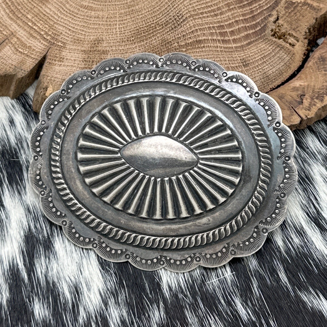 1940s Native American Navajo Coin Silver Oval Concho Pin Repousse & Stampings